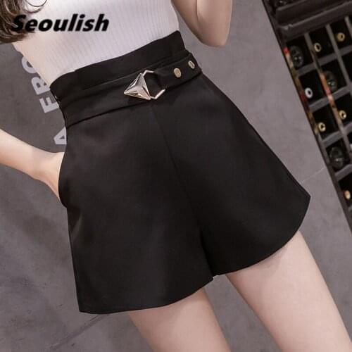Seoulish Summer 2021 New Black Womens Suit Shorts Sashes High Waist Office Lady Wide Leg Shorts Elegant Chic Loose Trousers