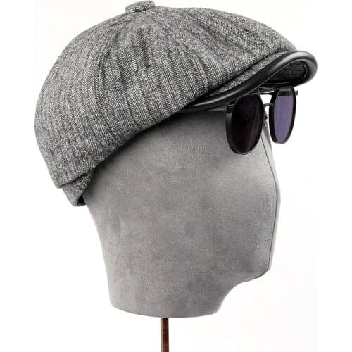Mens Wool Belend Cashmere Knitted Fabric Hats Newsboy Caps Patchwork Genuine Sheepskin Leather Beret hat