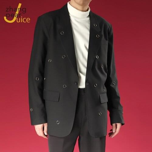 Men Streetwear Hip Hop Iron Ring Casual Blazer Jacket Male Vintage Fashion Suit Coat Overcoat Men Black White Blazer