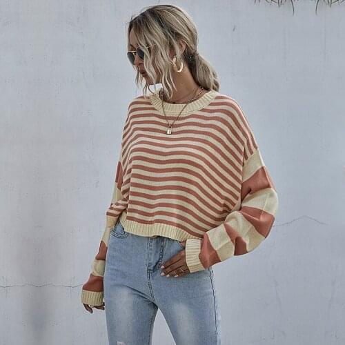 Striped Pullover Loose Knitted Sweater Women Autumn Winter Short Jumper Truien Dames Long Sleeve All-match Plus Size Sweater