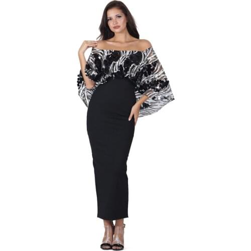 S Curve Sexy Party Bodycon Dress Batwing Sleeves Floral Sequins Glittering Open Shoulder Clubwear