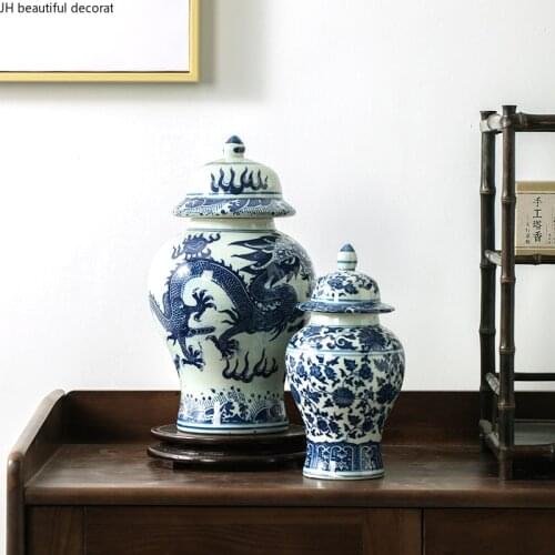 Chinese Style Blue and White Ceramic Ginger Jar Ornaments Living Room Decoration Accessories Retro Home Countertop Vase Crafts