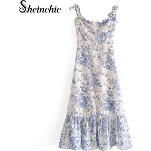Vintage Floral Printed Chiffon Dresses for Women Summer 2021 Sexy Spaghetti Strap Midi Dress Vestido De Mujer