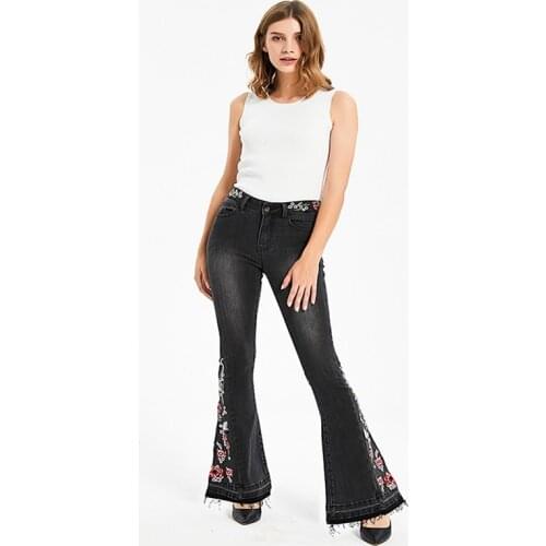 Womens denim stretch heavy industry, embroidered flowers, flared pants, black denim trousers