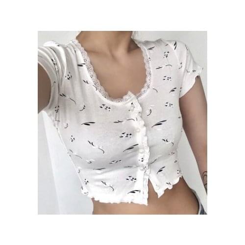 New Women Sexy Short-Sleeved T-Shirt Lace Collar Fashion Print Slim Fit Crop Tops Pearl Button Cardigan For Summer Casual S M L