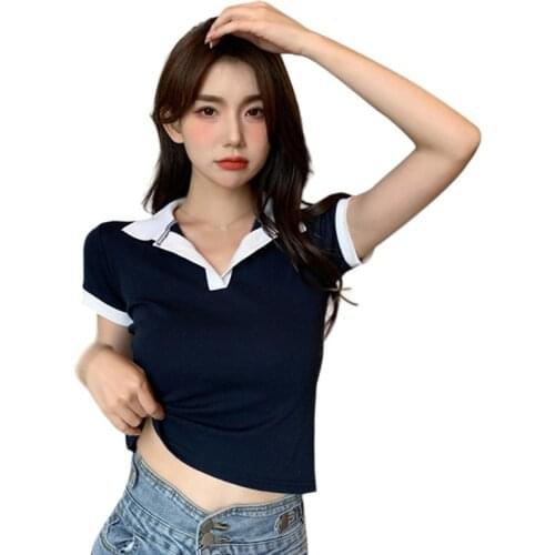 Womens Fashion Turn-down Collar Tee Shirt Patchwork Casual Slim Exposed Navel Short Sleeve T-Shirt Tops