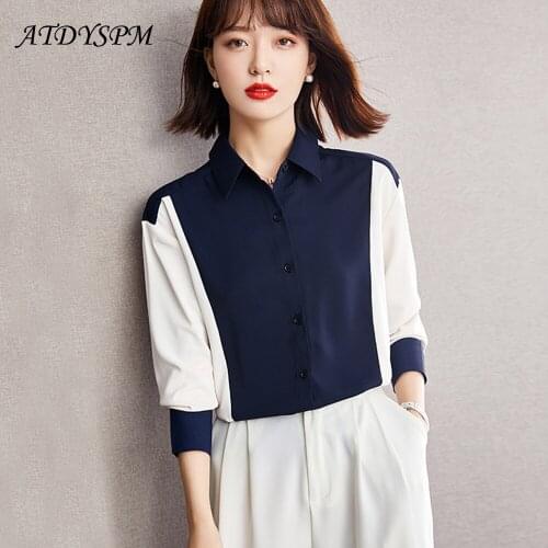 Elegant Color Stitching Womens Chiffon Shirts Autumn Fashion Long Sleeve Office Lady Blouse Cardigan Tops Womens Clothing 2021