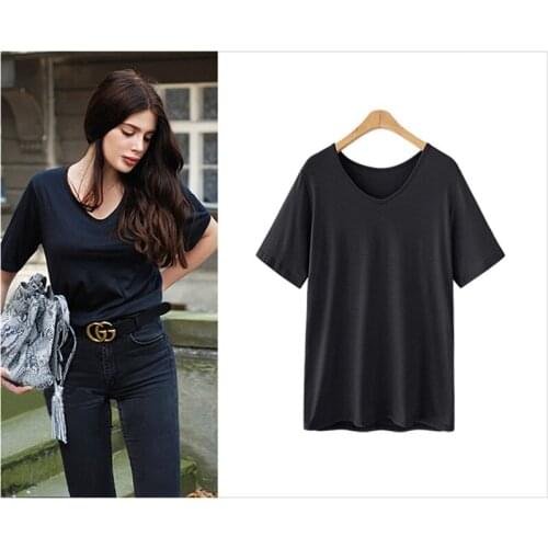 G&T Fashion White T-Shirt Women Short Sleeves New Large Size Loose V-Neck Solid Color Bottom Shirt Ins Super Hot Top Trend Tees