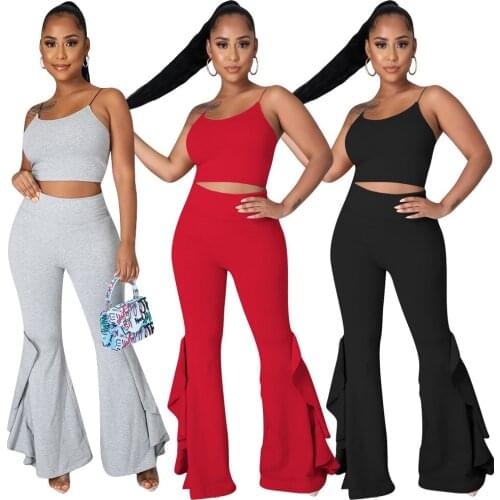 Casual Streetwear Solid Slim Pants Suit 2 Piece Outfits Sexy Spaghetti Strap Crop Top + Ruffles Flare Pants Two Piece Set Women