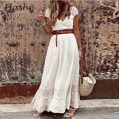Bohemia Dresses For Women V Neck Short Sleeve Solid Lace Patchwork Sexy Long Dress Women Summer A-Line Beach Dress With Belt