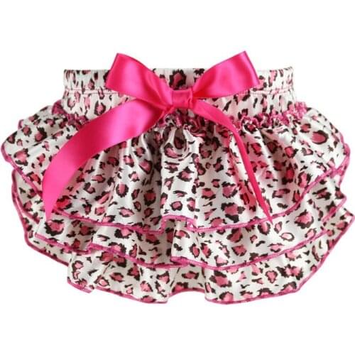 2PCS Baby Pink Leopard Satin Short Infant 3Layers Ruffled Skirt Bloomer with Ribbon Bow Newborn Animal Pattern PP Shorts 3Sizes