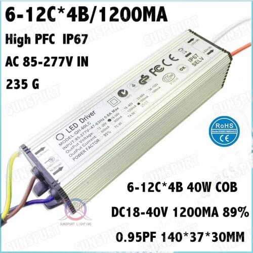 2 Pcs Waterproof IP67 High PFC 60W AC85-277V LED Driver 6-12Cx4B 1200mA DC18-40V Constant Current For Spotlights Free Shipping