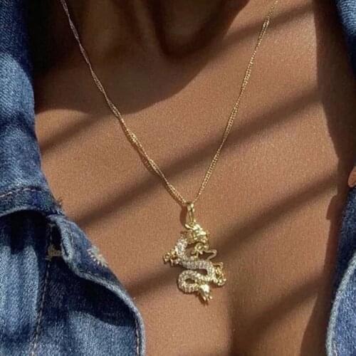 2021 Jewelry CZ Dragon Pendant Necklaces for Women Men Gold Color Jewellery Cubic Zirconia Mascot Ornaments Lucky Symbol Gifts
