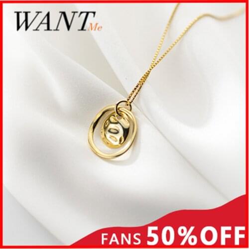 WANTME Genuine 925 Sterling Silver Minimalist Geometric Double Pendant Chain Necklace for Women Punk Rock Party Golden Jewelry