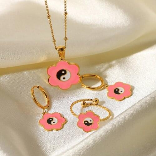 Stainless Steel Enamel Flower Yin Yang Pendant Necklace Huggie Earring Rings For Women Girls Jewelry Sets