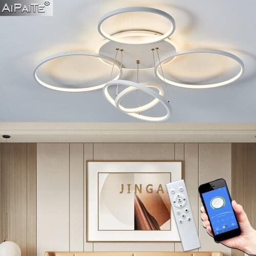 Living Room Ceiling Light LED Dimmable 6 Rings Light White and Black Ceiling Hanging Lamp Modern Design Living Bedroom Lighting