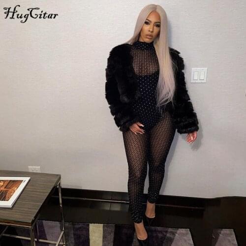 Hugcitar 2020 Long Sleeve Turtleneck Sequin Mesh Zip Up Sexy Skinny Jumpsuit Autumn Winter Women Streetwear Casual Romper