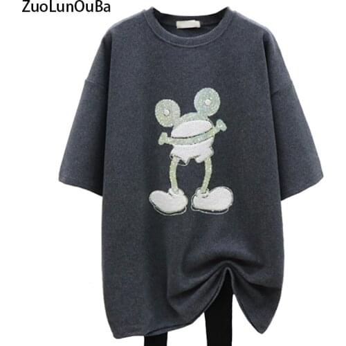 ZuoLunOuBa Fashion Summer Women T Shirt Hot Drilling Embroidery Frog Pattern Harajuku Mid-length Sanding Tees One Size Tops