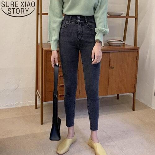 Fashion High Waist Jeans Button Black Jeans for Women Stretch Jeans Female Skinny Denim Pencil Pants Casual Trousers 10400