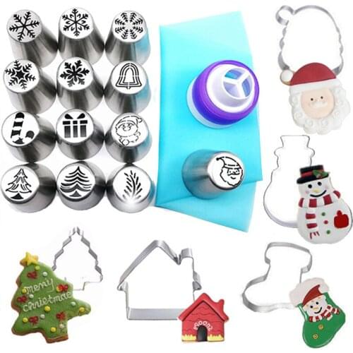 20pcs Christmas Cake Nozzles Cookie Cutter Set Santa Claus Christmas Tree Snow Icing Piping Tips Russian Nozzle Cake Pastry Tool