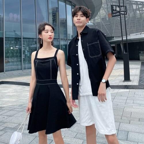 Couples wear summer strap womens checkered dress son T-shirt mens shirts couples clothing couples clothes
