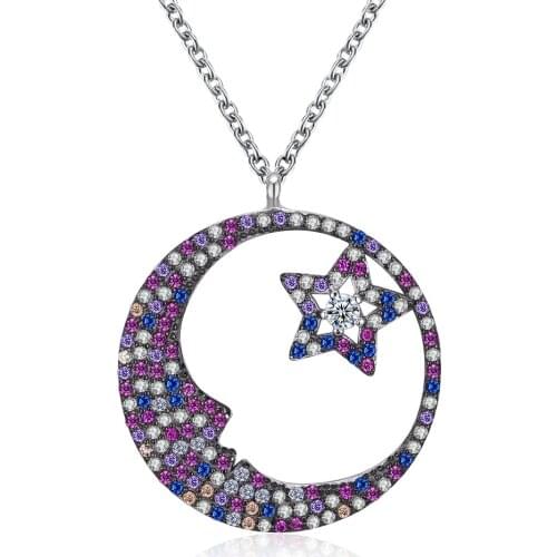 SILVERHOO S925 Sterling Silver Necklace For Women Trendy Design Colorful Inlay Zircon Moon Contains Star Birthday Gifts Jewelry