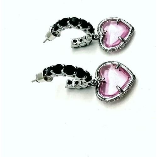 925 Silver Needle Pink Heart-shaped Zircon Temperament Earrings Color Geometric Personality Earrings Jewelry