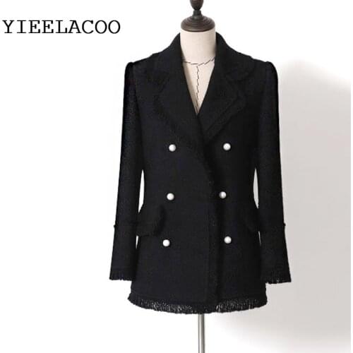 Black/white tweed jacket Ladies small fragrant wind braided tassels womens jacket Double-breasted pearl buckle suit jacket