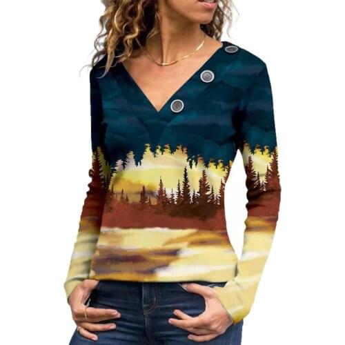 Vintage Printed women blouse 2021 autumn V Neck Long-sleeved Pullover Ladies shirt Fashion Casual Street Female slim Elegant top