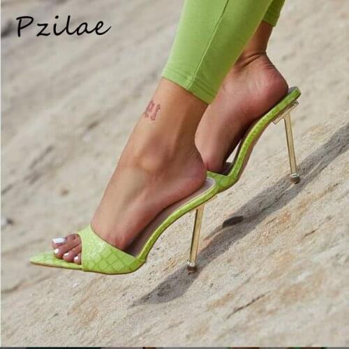 Pzilae New Summer Women Slippers Snake Print Mule high heels Slippers Sandals Sexy Pointed toe Slides Party Shoes Big Size 42
