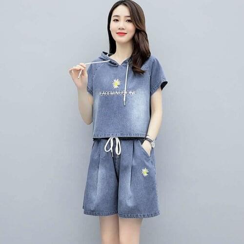 Womens Suit 2021 New Summer Clothes Korean Fashion Hooded Crop Top Loose Casual Cycling Denim Shorts 2 Two Piece Set For Women