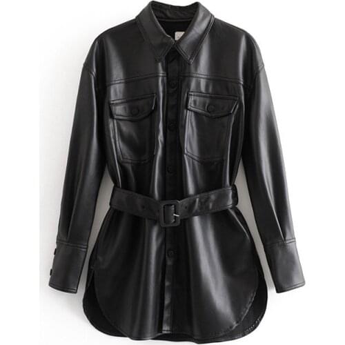 Women leather blazer spring and autumn new solid color long-sleeved mid-length lapel shirt belt leather jacket women