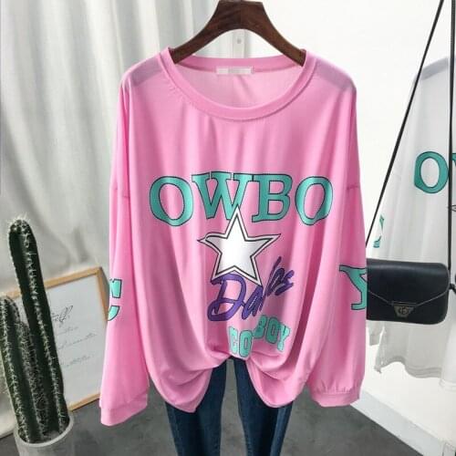 Summer Womens Long Sleeve Thin Transparent Graphic Tees Crewneck Loose Oversize T Shirt Tops Plus Size