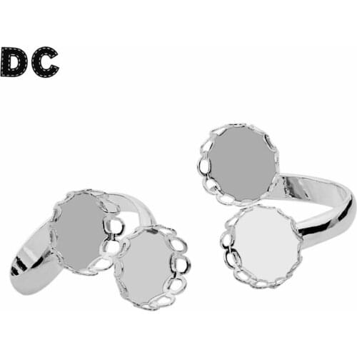 5pcs Shiny Silver Double Blank Settings Open Ring Round Adjustable Ring Lace Cabochon Base Trays Bezel Fit 12mm Glass Cabochon