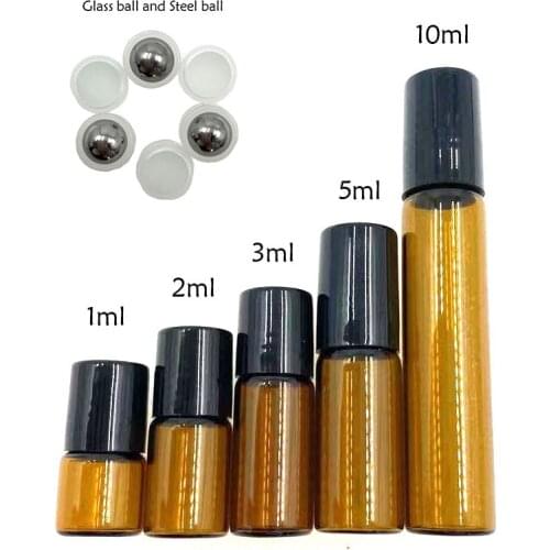 5pcs/Pack 1ml 2ml 3ml 5ml 10ml Clear / Amber Glass Roll on Bottle with Metal Ball Thin Glass Roller Essential Oil Vials Perfume