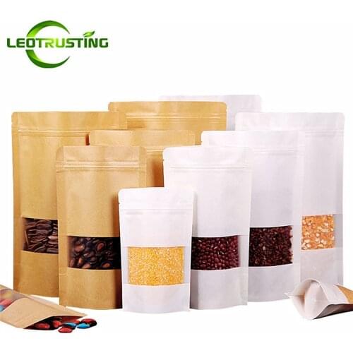 Leotrusting 100pcs/lot Wholesale Stand up Kraft Paper Clear/Frosted Window Zipper Bag Bakery Coffee Package Bag Paper Gift Bags