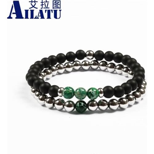 Ailatu 6mm Black Matte Onyx Stone&Green Succor Creek Stone Beads with 6mm Copper beads Couple Bracelets