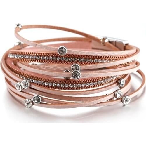 Amorcome Leather Wrap Bracelets for Women Rhinestone Metal Studs Cuff Bracelet with Magnetic Buckle Bohemian Wristbands Jewelry