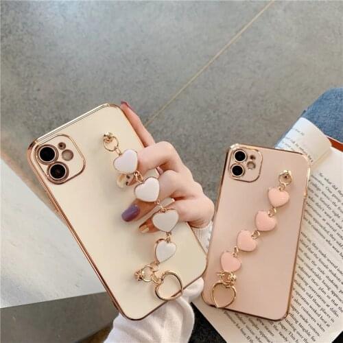 Plating Love Heart Chain Bracelet Lens Protection Case For iphone 12 Pro Max MiNi 11 pro X XS XR 6S 7 8 Plus SE 2020 Phone Cover