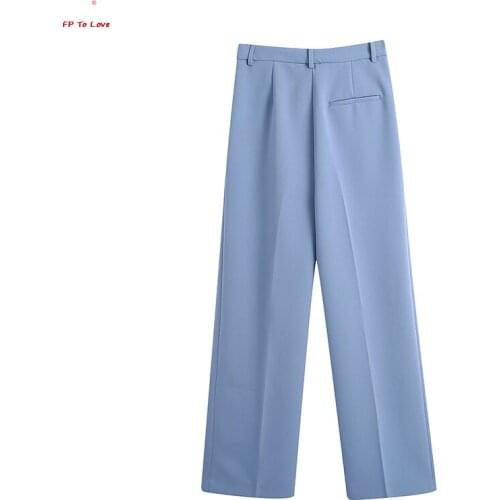 FP TO LOVE Za Woman Baby Blue Wide Leg Pants 2021 Spring Autumn Zipper High Street Pleated Full Length New Arrivals Bottom