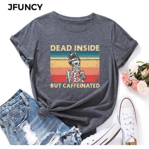 JFUNCY Plus Size Women T-shirt Female Short Sleeve T Shirt Funny Skeleton Print Tops Woman Loose Shirts Summer Cotton Clothes