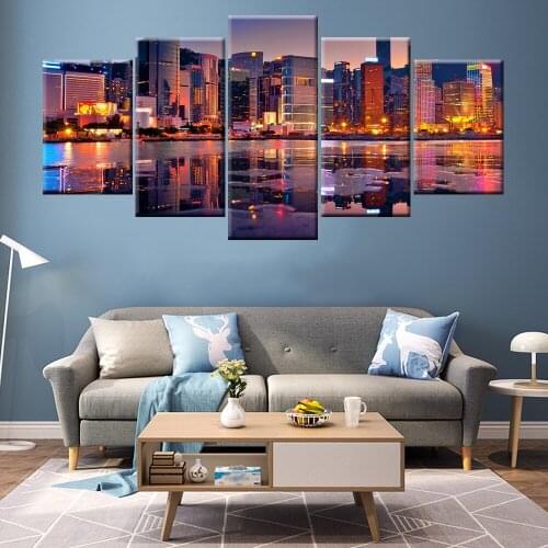 Canvas Painting Wall Art 5 Pieces City Construction Scenery Pictures Prints Night View Poster Home Decor Modular Framed