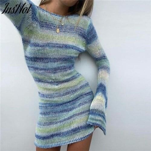 Tie Dye Mini Knitted Sweater Dress Women Long Sleeve Outfits Sexy Backless Beach Bodycon Dress Autumn Winter Clothing 2021