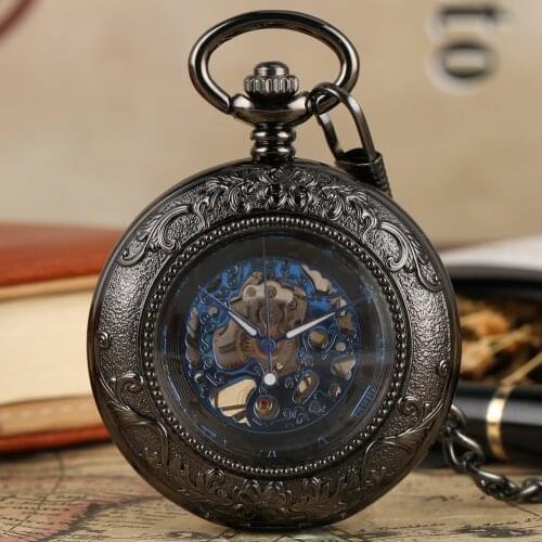 Transparent Glass Blue Roman Numerals Display Mechanical Pocket Watch Vintage Pendant Pocket Timepiece Manual Mechanism Clock