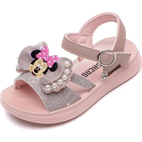 Disney Princess Sandals 2021 New Fashion Girls Frozen Elsa Shoes Sweet Bow Pearl Rhinestone Summer Sandals