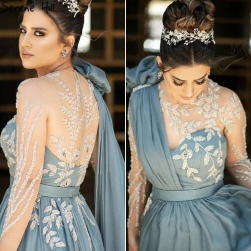 Serene Hill Blue Cape Sleeve Sexy Evening Dresses Gowns 2021 Beaded A-Line For Woman Wedding Party LA70308