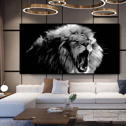 Modern Animals Painting on Canvas Posters and Prints Wall Art Black and White Roaring Lion Picture for Living Room Wall Decor