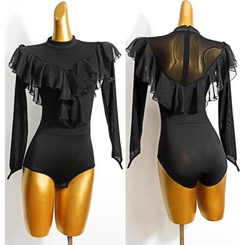 New Style Latin Dance Top Womens Sexy Mesh Long-Sleeve Ruffle Bodysuit Ballroom Samba Dancing Clothes Practice Leotard DWY4425