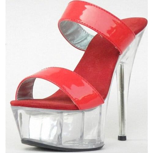 6 Inch Red PU Leather Sexy Slippers Classic Crystal Shoes Lady Fashion Summer Stripper 15cm High-Heeled Sandals