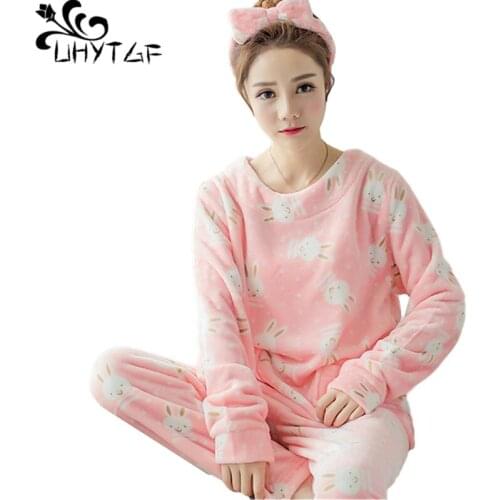 UHYTGF Pyjamas Women Flannel Pullover Warm Autumn Winter Sleepwear Sets Female Cute Student Casual Homewear Nightgown Suit 1862